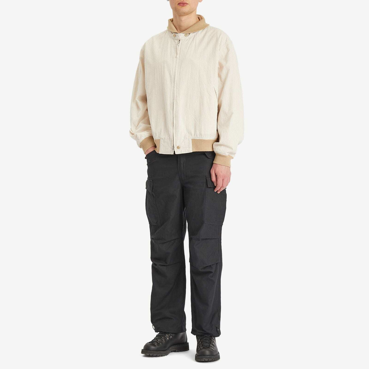 Engineered Garments Men's LL Jacket in Beige Seersucker Stripe