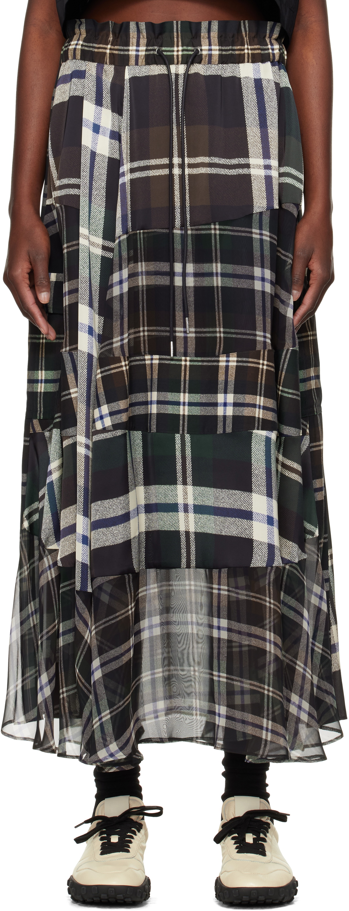 sacai: Green & Brown Plaid Print Maxi Skirt | SSENSE