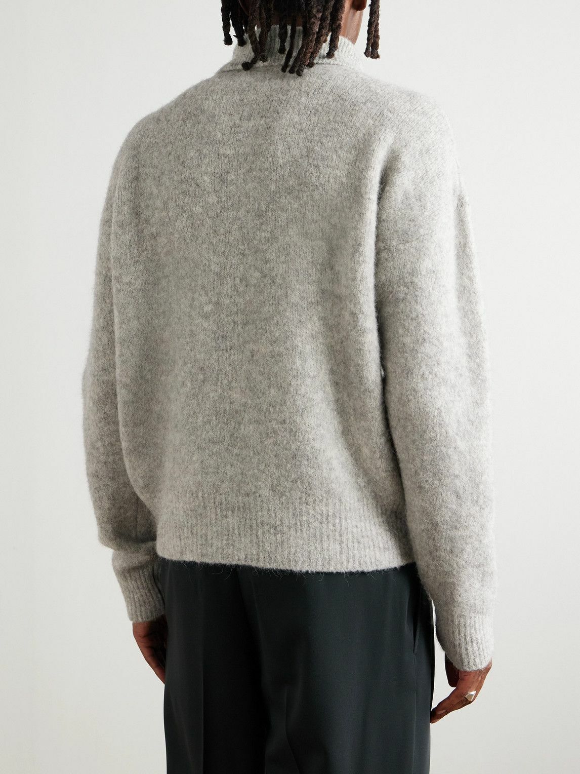 AMI PARIS - Logo-Embroidered Brushed-Knit Polo Shirt - Gray