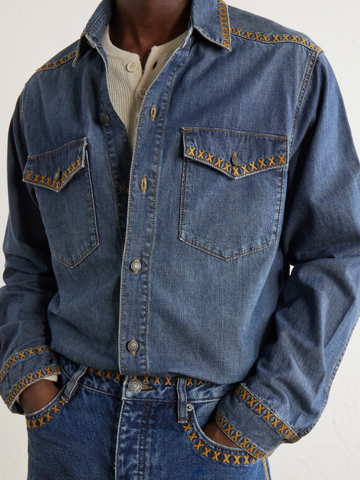 MANAAKI - Tukutuku Embroidered Denim Shirt - Blue