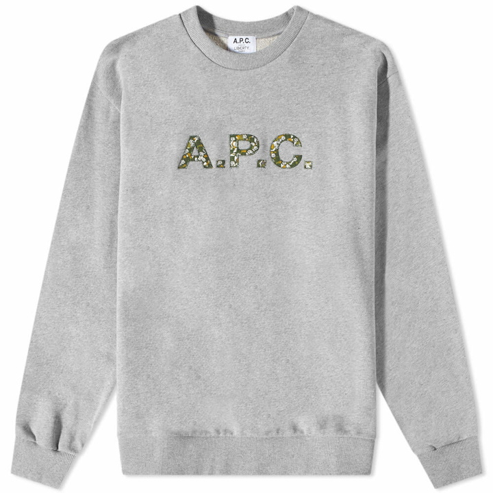 Photo: A.P.C. x Liberty Camo Logo Crew Sweat in Heather Light Grey