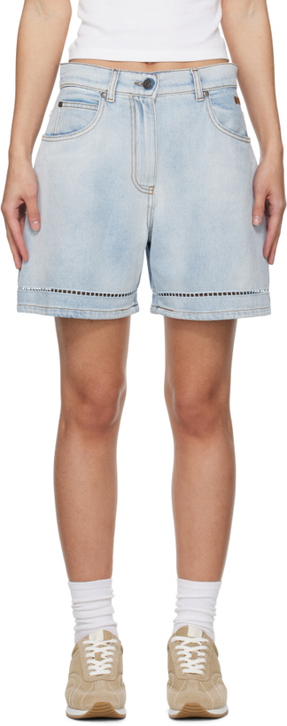 Photo: MSGM Blue Perforated Light Washed Denim Shorts