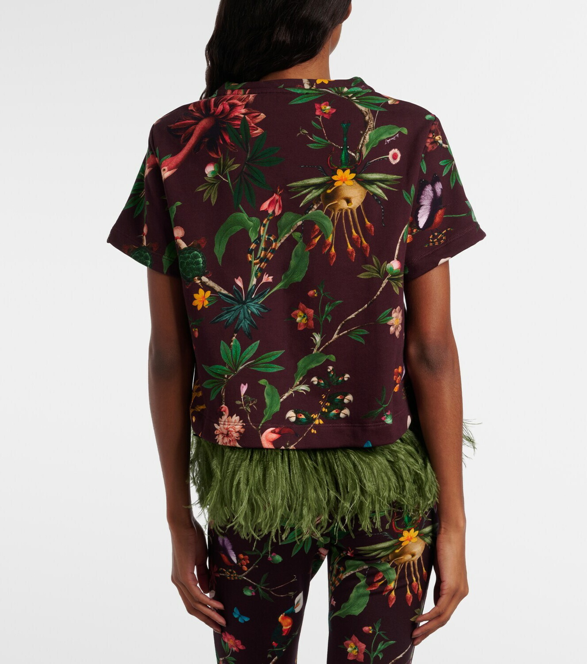 La DoubleJ La Scala feather-trimmed printed cotton T-shirt