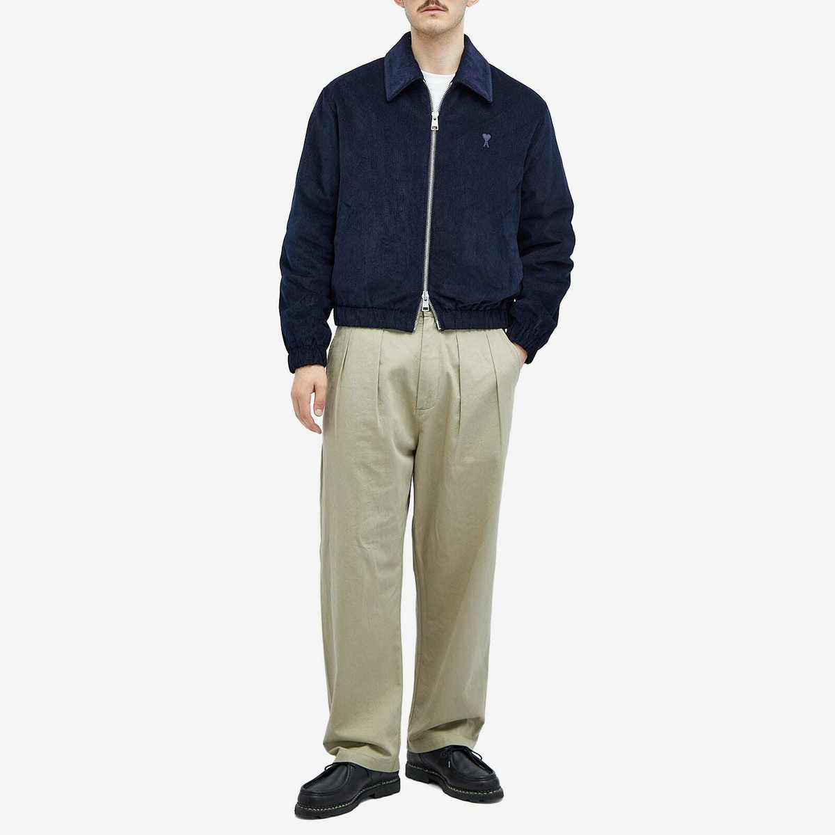 AMI Paris Men's Zipped Corduroy Bomber Jacket in Navy Blue AMI