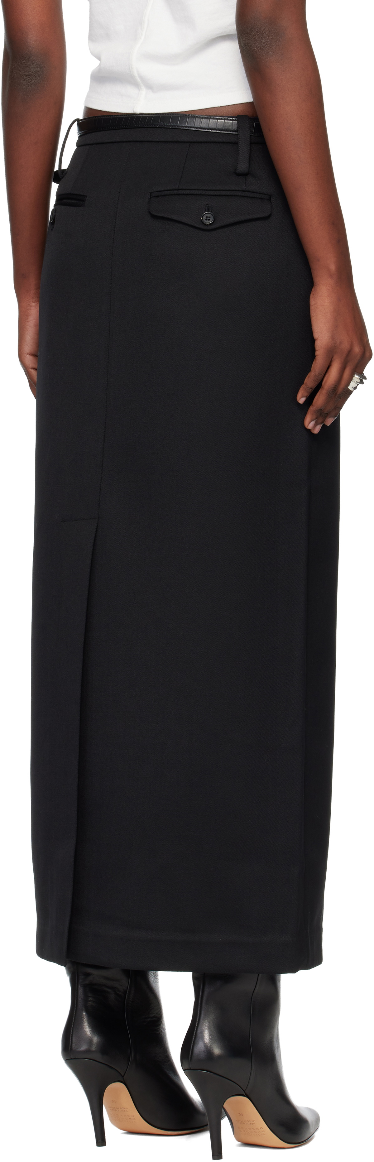 TONYWACK Black Low-Waisted Wool-Twill Belted Maxi Skirt