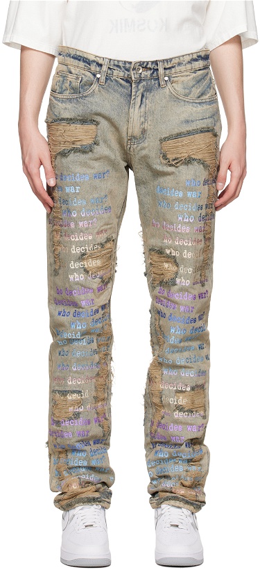 Photo: Who Decides War Blue Sand Scripture Jeans