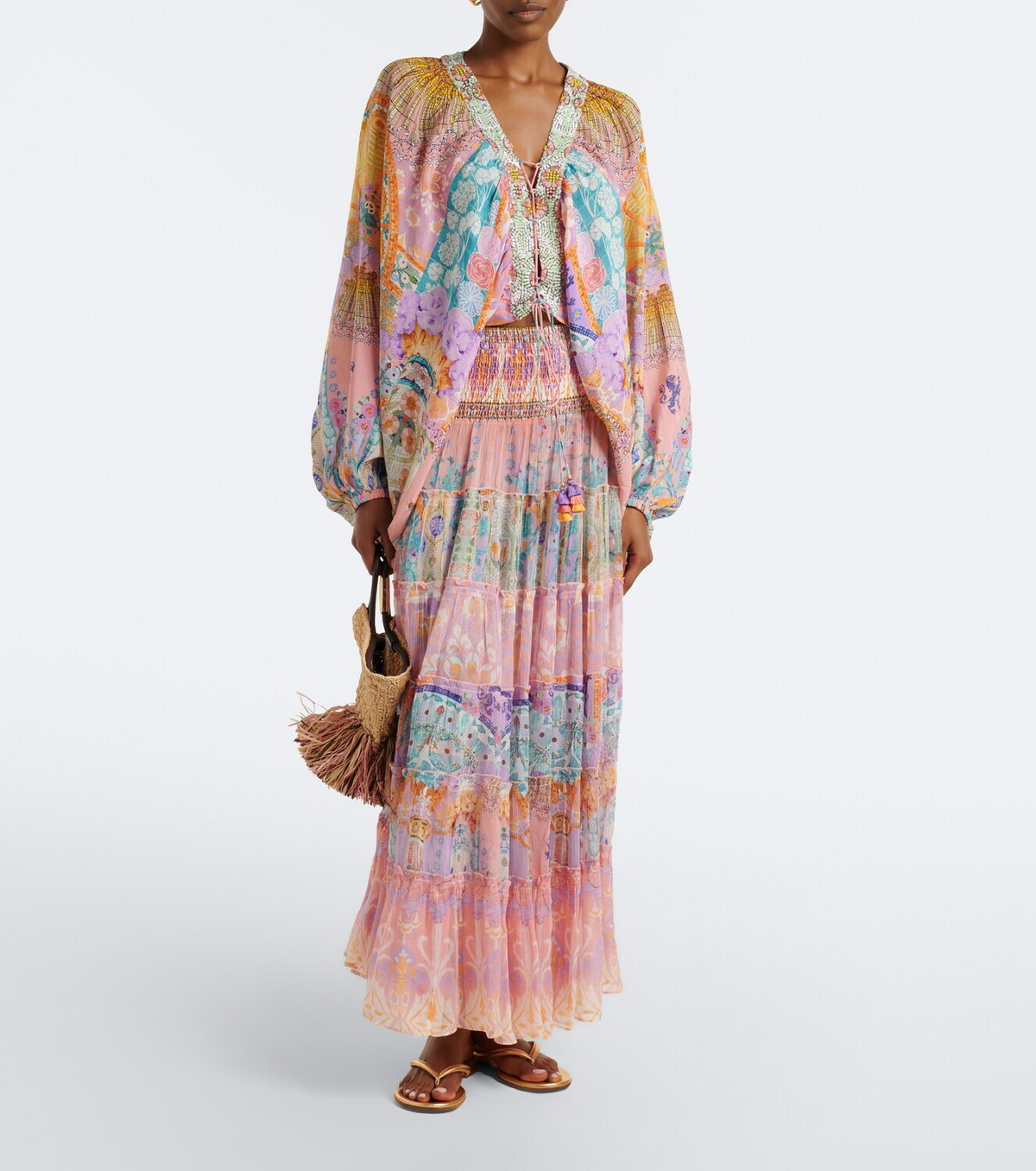 Camilla Printed tiered silk maxi skirt