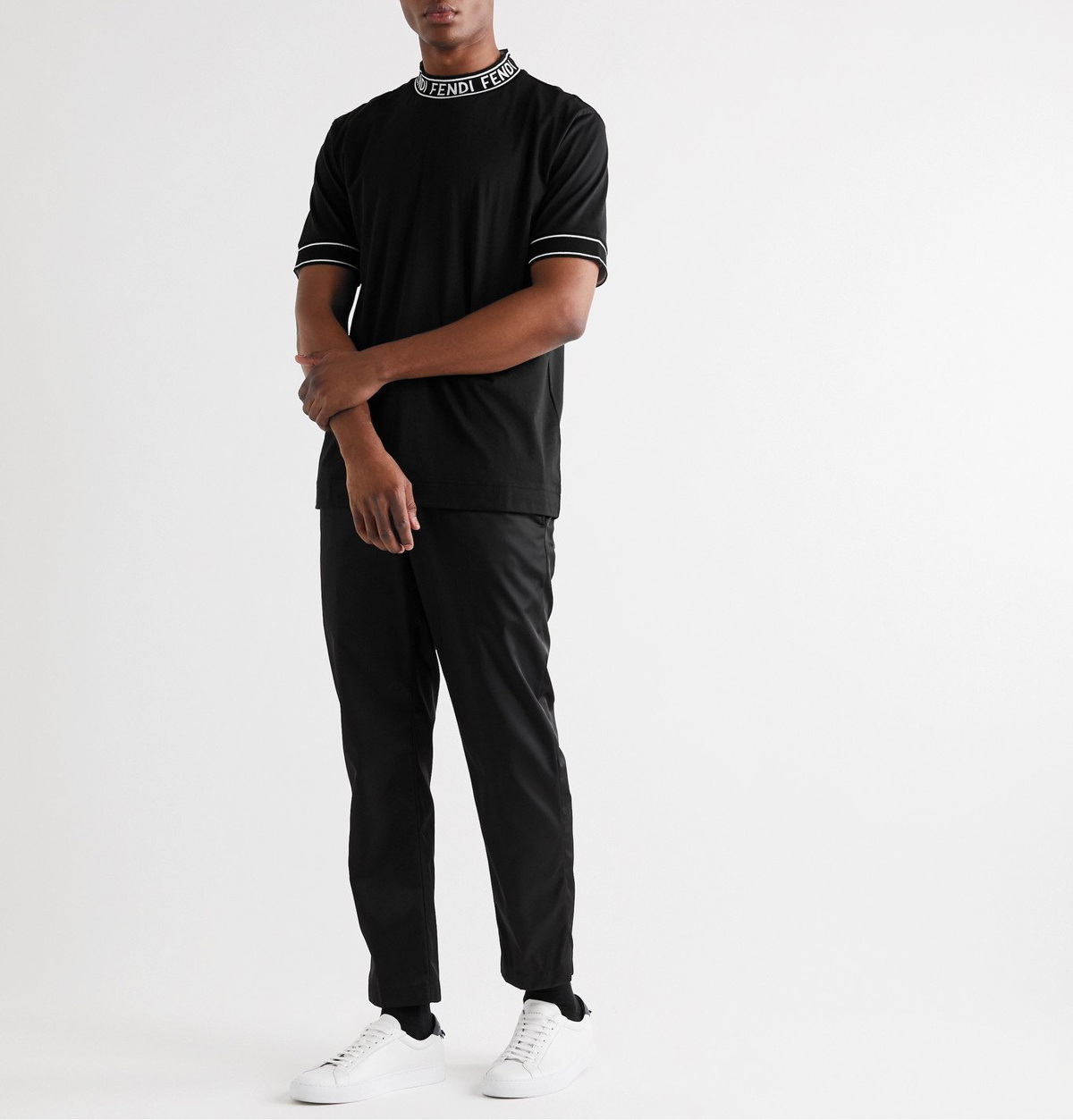 Fendi - Logo-Jacquard Cotton-Jersey Mock-Neck T-Shirt - Black Fendi