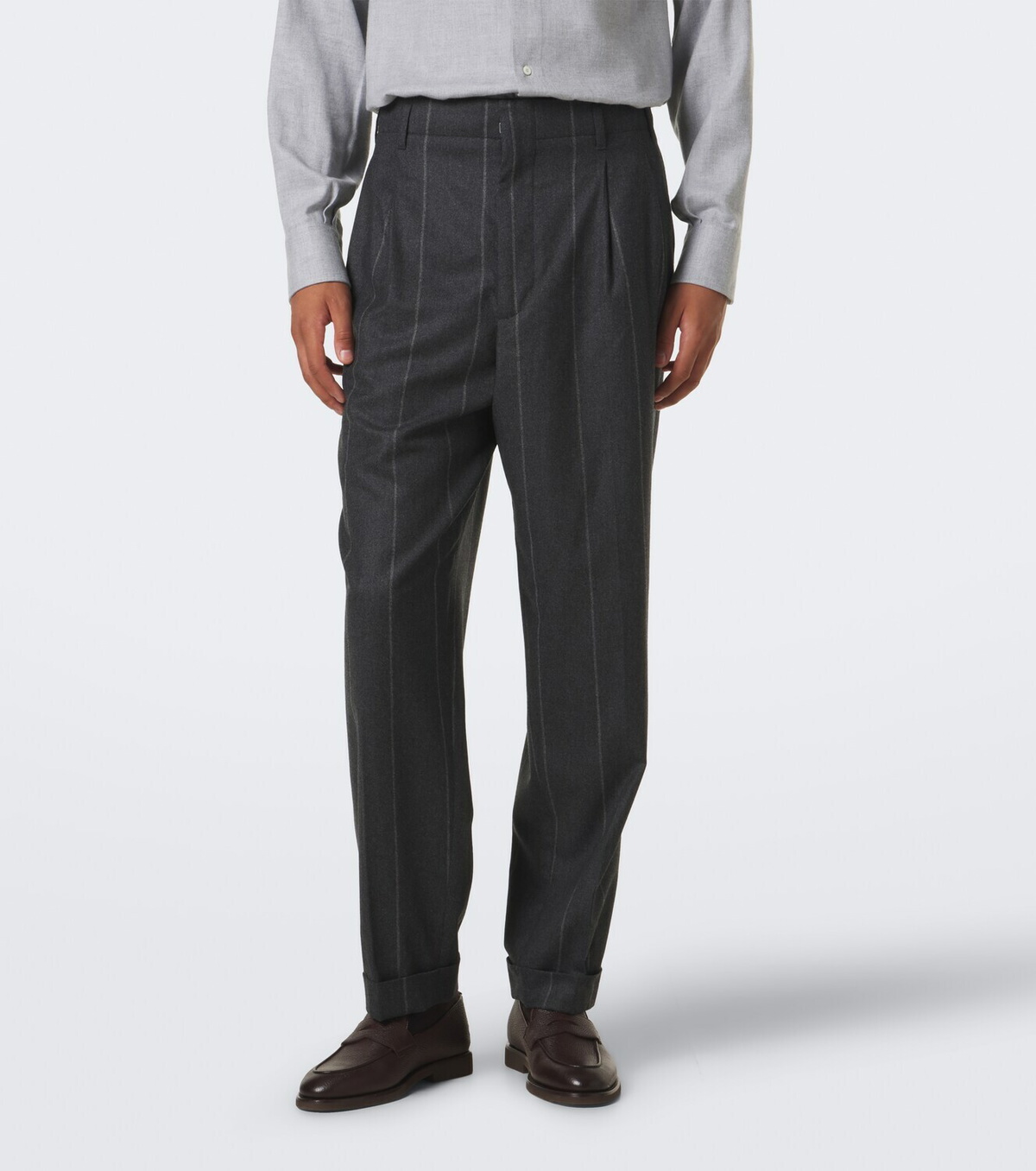 Brunello Cucinelli Chalk stripe wool, silk, and cashmere suit