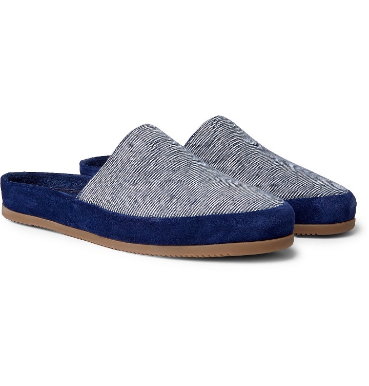 Photo: Mulo - Hamilton and Hare Suede-Trimmed Striped Cotton Slippers - Blue