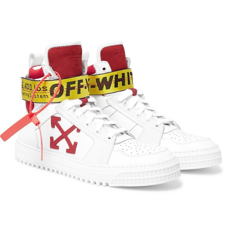 Photo: Off-White - Industrial Full-Grain Leather, Suede and Ripstop High-Top Sneakers - Men - White