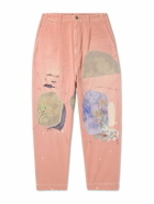 KAPITAL - Katsuragi Tapered Appliquéd Distressed Cotton-Twill Trousers - Pink