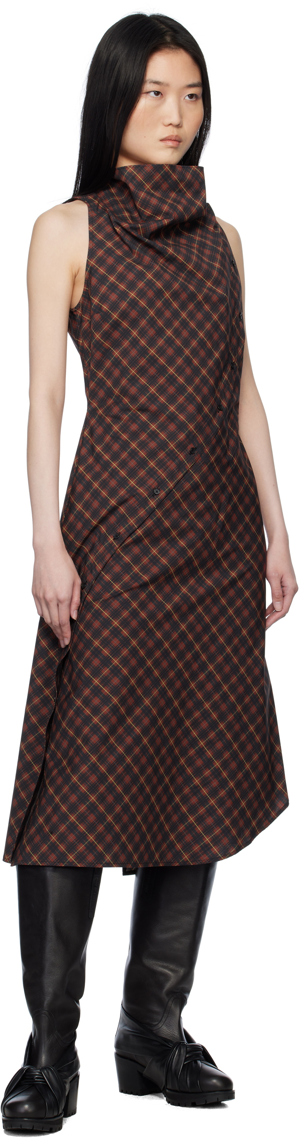 Pushbutton Red Halter Sleeveless Midi Dress