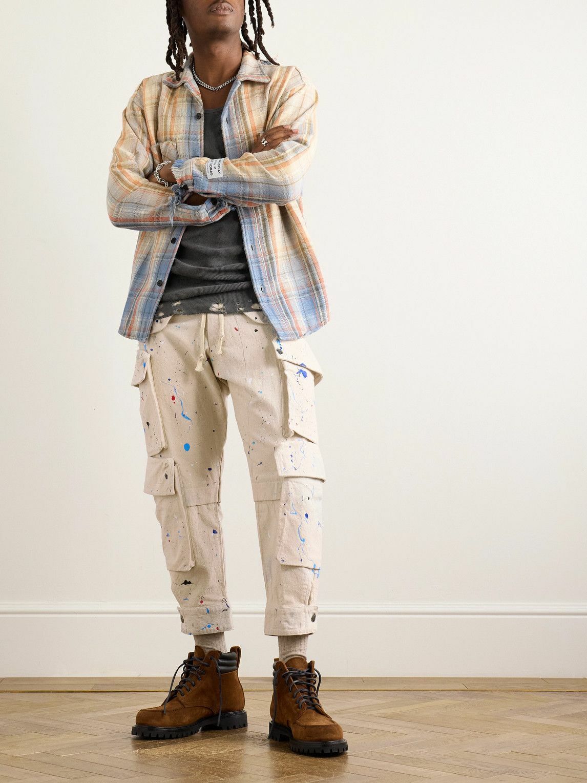 Greg Lauren - Tapered Cropped Paint-Splattered Cotton-Canvas Drawstring Cargo Trousers - Neutrals