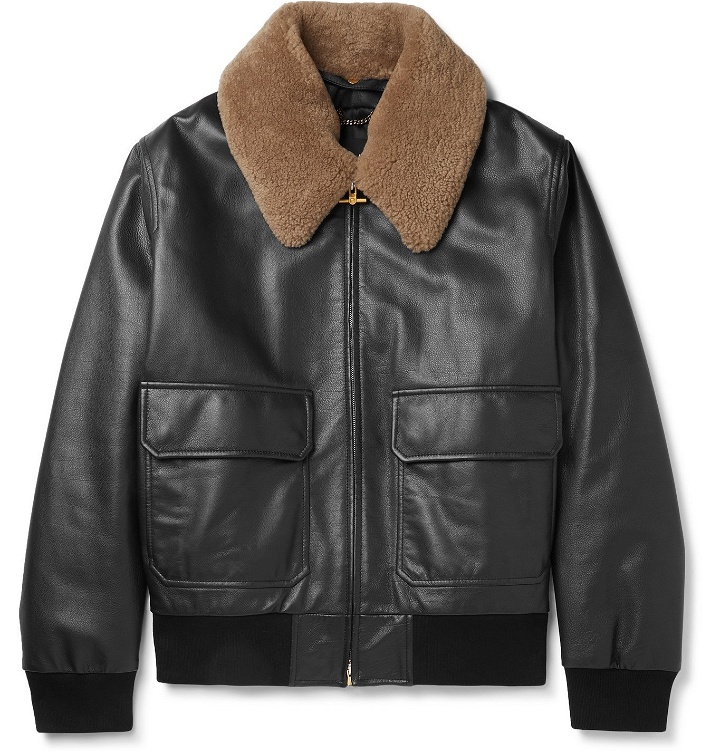 Photo: Dunhill - Shearling-Trimmed Leather Bomber Jacket - Black