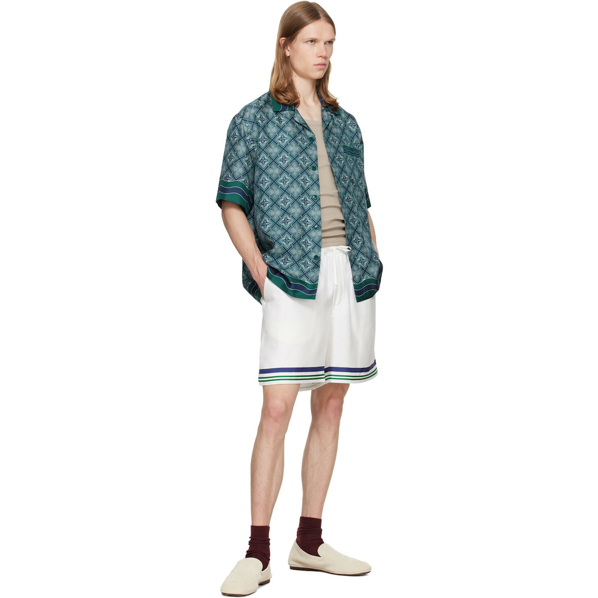 Casablanca Green Radiating Monogram Short Sleeve Silk Shirt