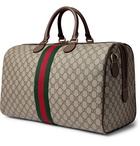 GUCCI - Ophidia Leather and Webbing-Trimmed Monogrammed Coated-Canvas Duffle Bag - Brown