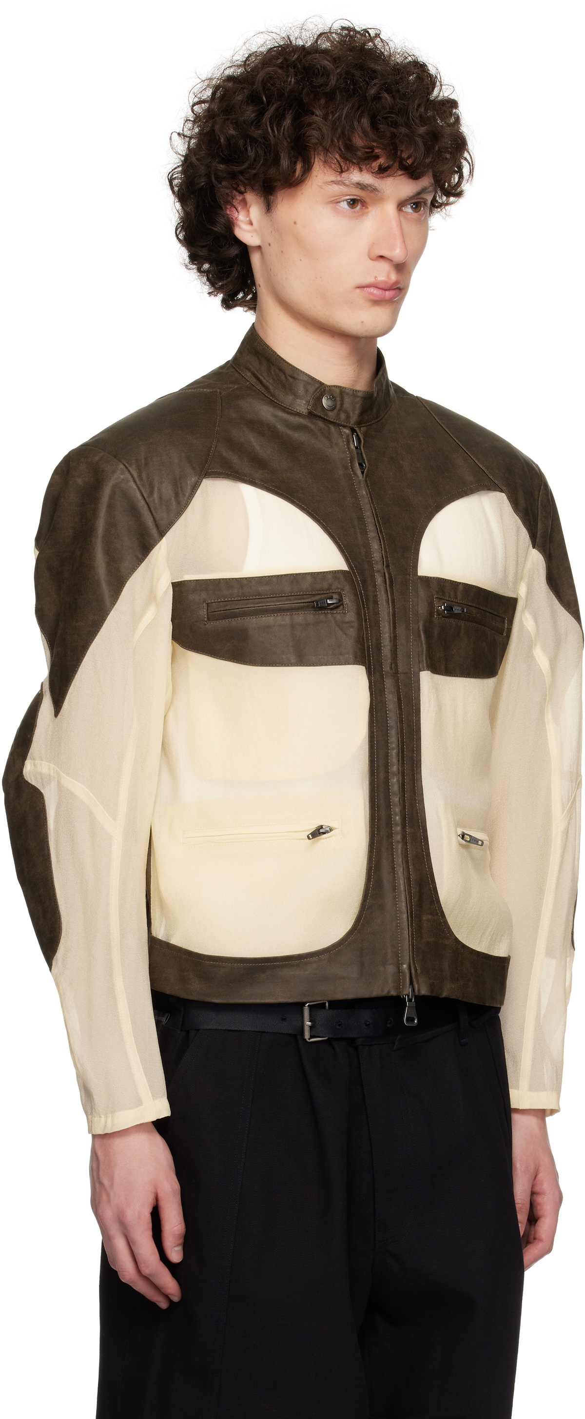 Andersson Bell Brown & Off-White Faux-Leather & Sheer Rider Jacket ...