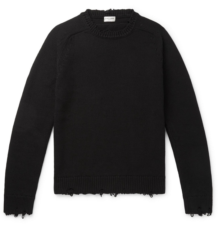 Photo: SAINT LAURENT - Slim-Fit Distressed Cotton Sweater - Black