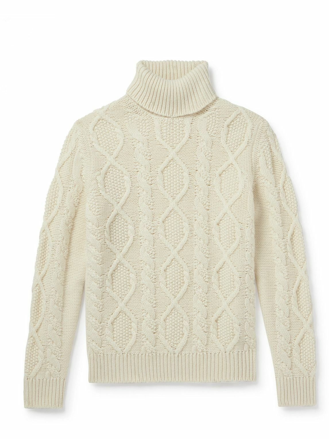 Photo: Anderson & Sheppard - Aran Cable-Knit Wool and Cashmere-Blend Rollneck Sweater - Neutrals