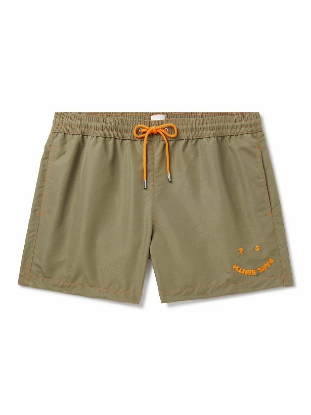 Photo: Paul Smith - Slim-Fit Short-Length Embroidered Recycled Swim Shorts - Brown