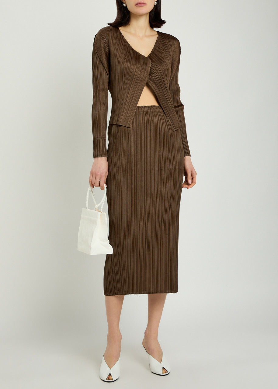 Pleats Please Issey Miyake Pleated Woven Midi Skirt Brown