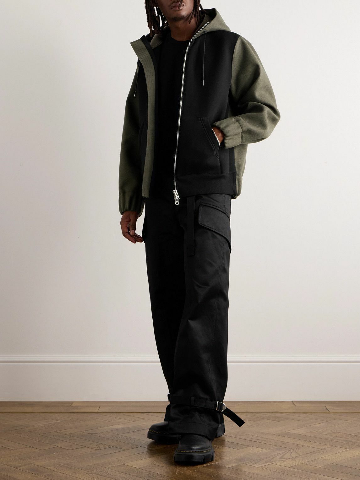 Sacai - Wool-Panelled Cotton-Blend Zip-Up Hoodie - Green Sacai