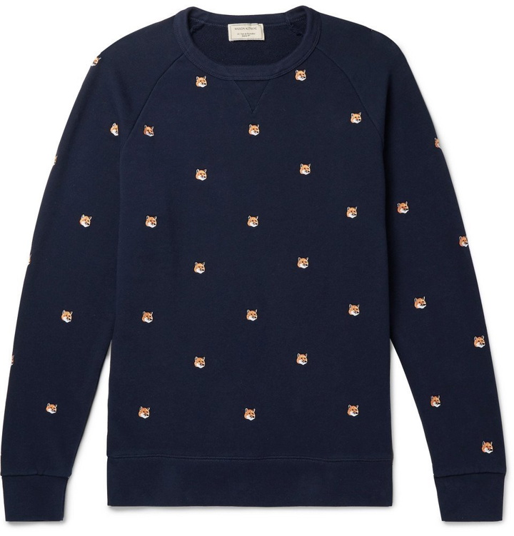 Photo: Maison Kitsuné - Slim-Fit Embroidered Loopback Cotton-Jersey Sweatshirt - Navy