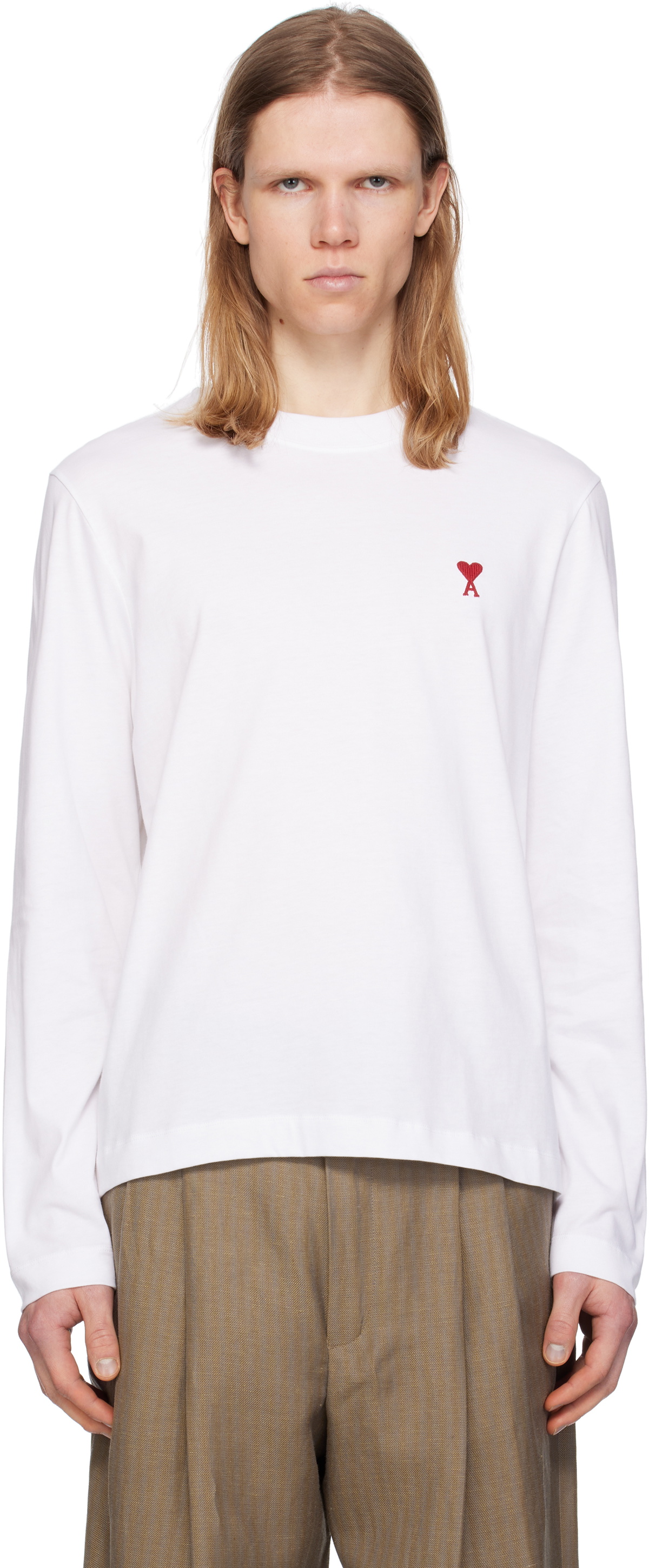 AMI Paris White Cotton Ami de Coeur Long Sleeves T-shirt AMI