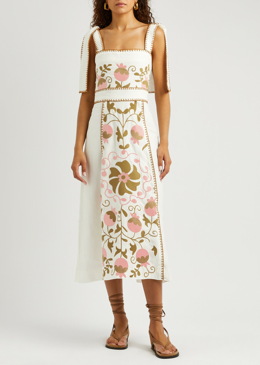 Lug Von Siga Ornella Uzbek Embroidered Linen Midi Dress Multicoloured