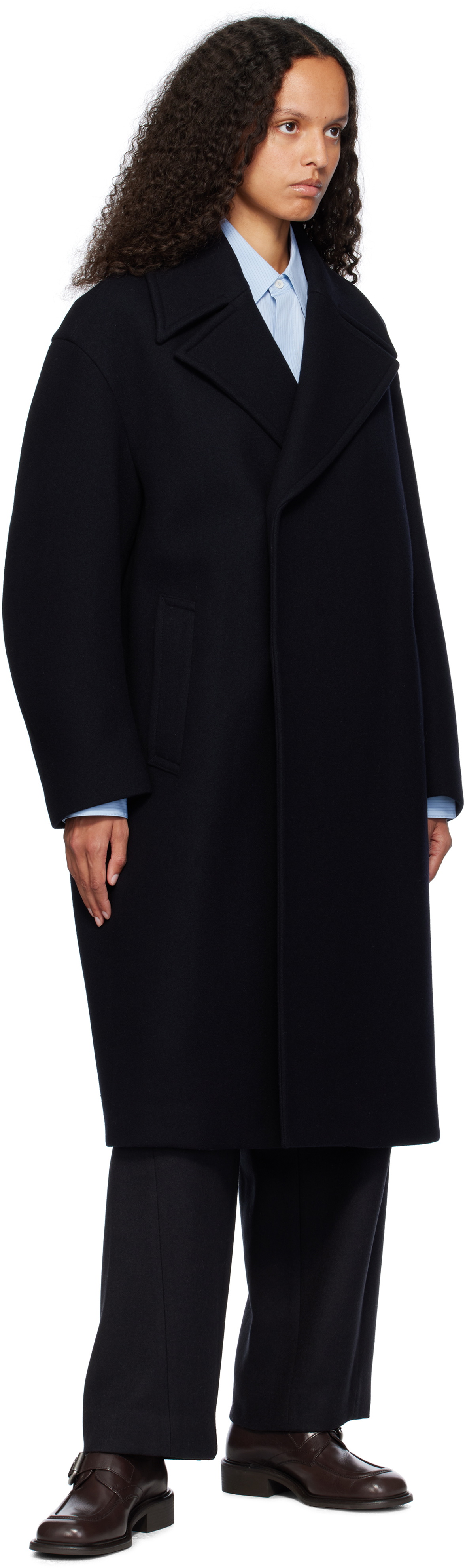 AURALEE Navy Sponge Wool Melton Double-Breasted Coat Auralee