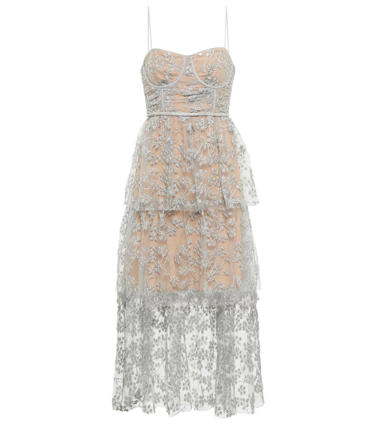 green emerald velvet dress White And Blue Embroidered Midi Dress – self-portrait-US main image 0