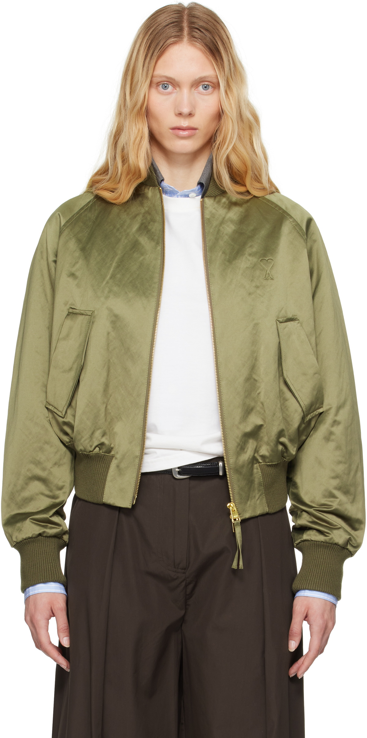 AMI Paris Green Cotton Satin Ami de Coeur Bomber Jacket