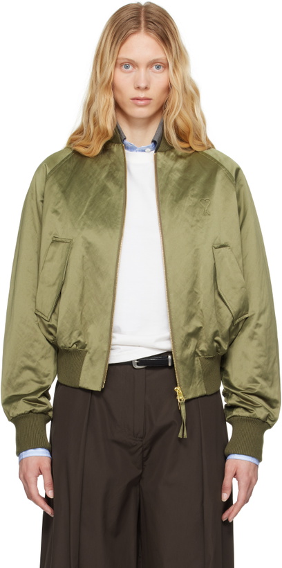 Photo: AMI Paris Green Cotton Satin Ami de Coeur Bomber Jacket