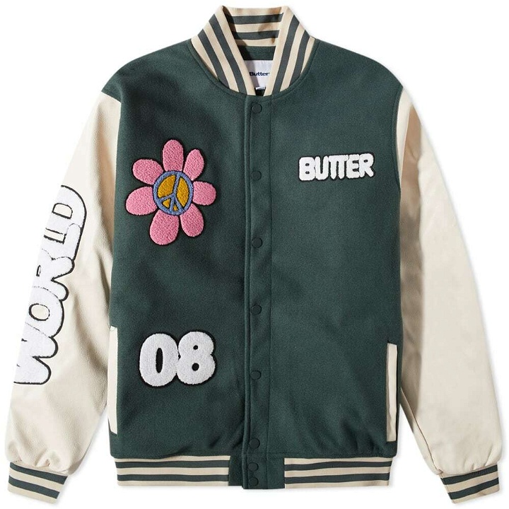 Photo: Butter Goods Men's World Peace Varsity Jacket in Forest Green