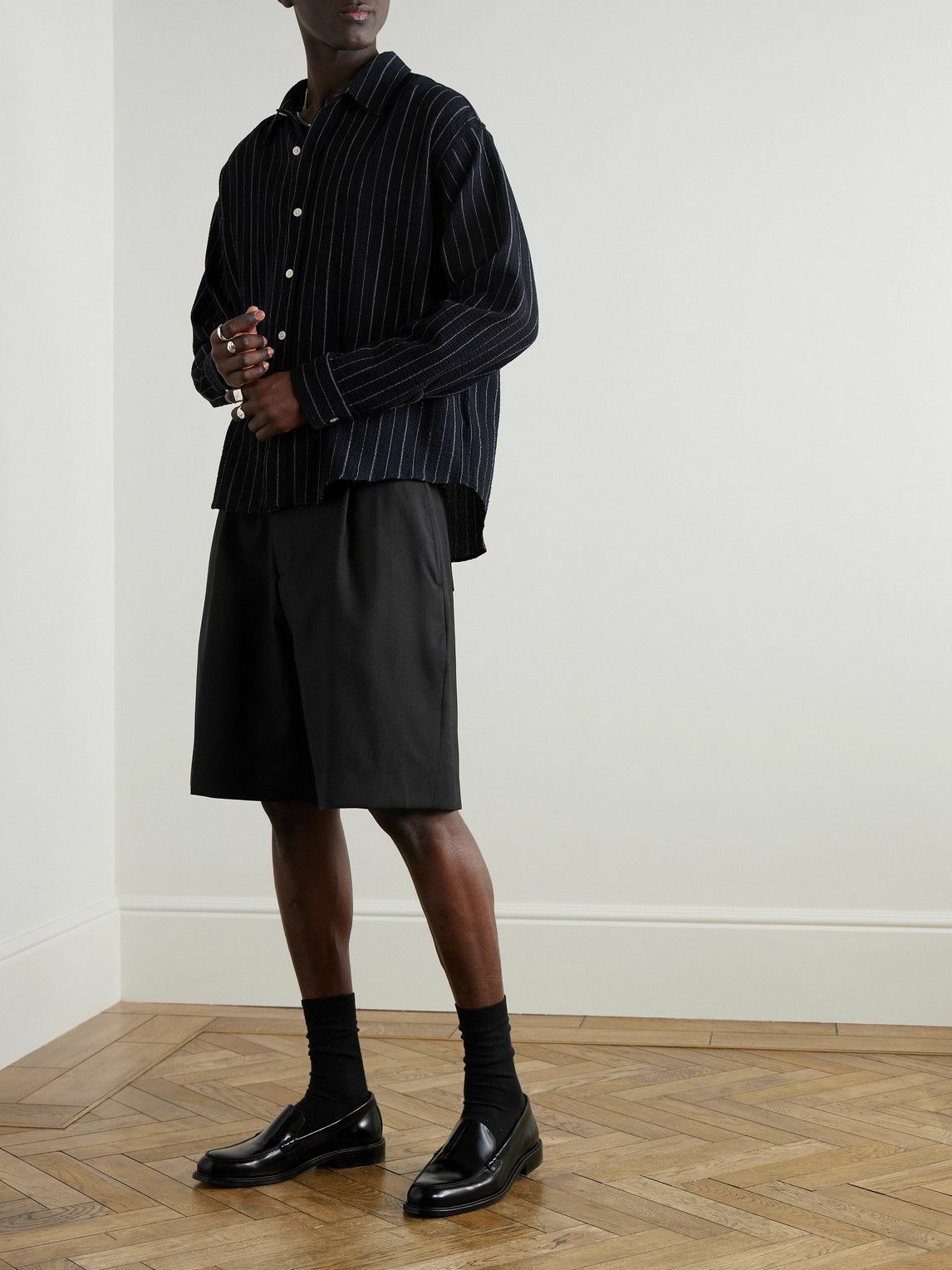 mfpen - Classic Straight-Leg Pleated Striped Wool Shorts - Black