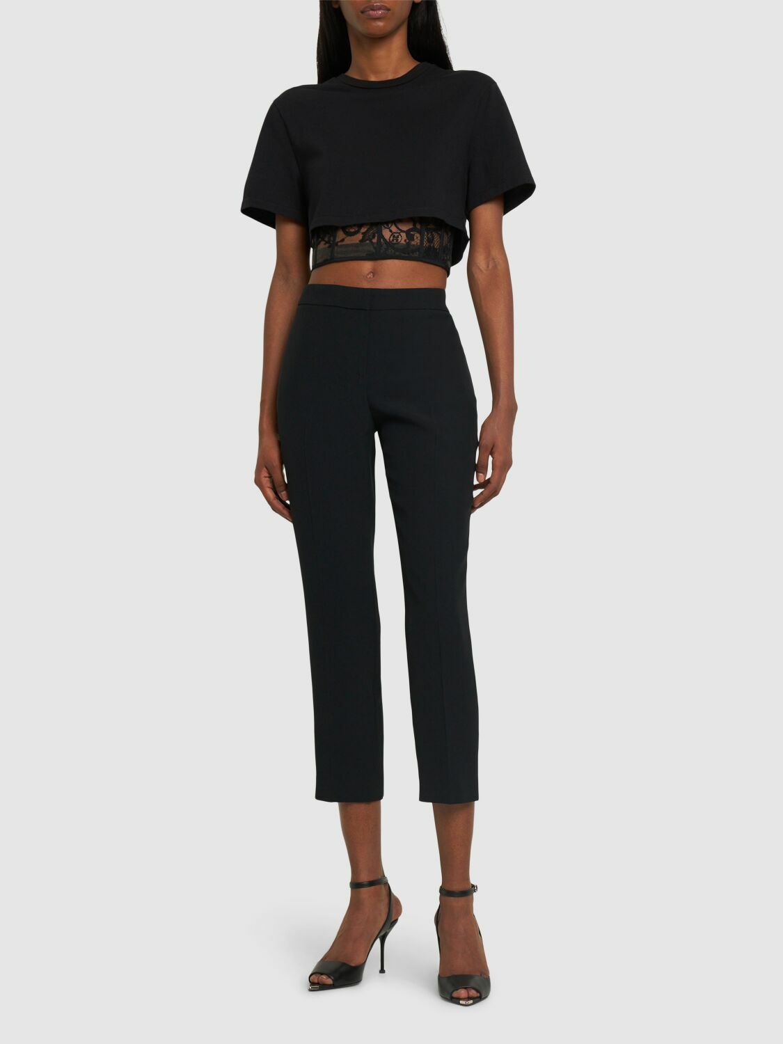 ALEXANDER MCQUEEN - Cropped Lace Panel Cotton T-shirt