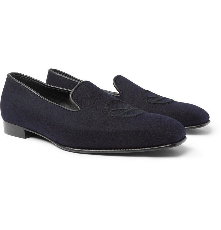 Photo: Kingsman - George Cleverley Windsor Leather-Trimmed Embroidered Cashmere Slippers - Navy