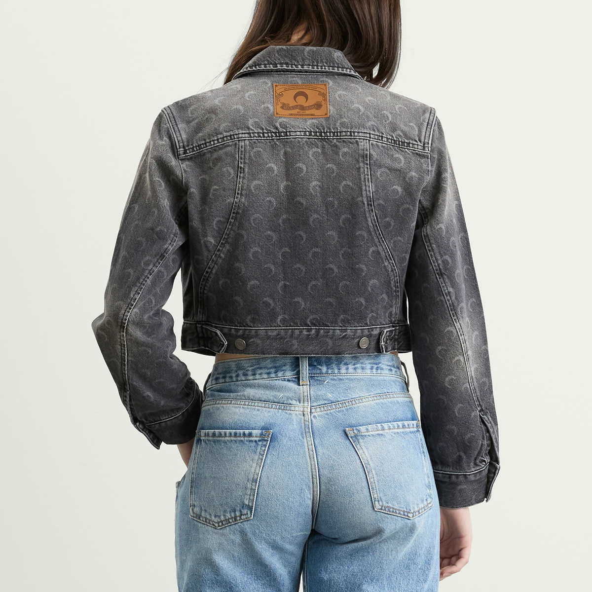 Marine Serre Women's Moon Laser Denim Crop Jacket in Dark Grey