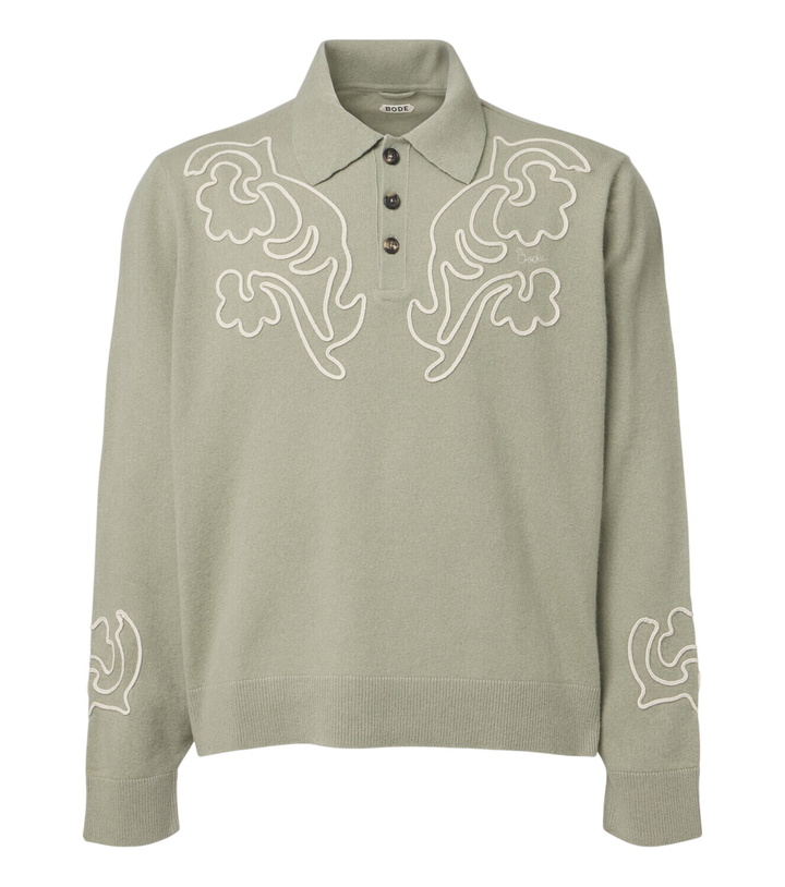 Photo: Bode Blaze embroidered wool polo sweater