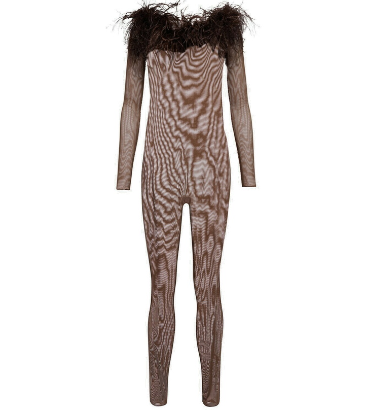 Photo: Oseree - Feather-trimmed mesh jumpsuit