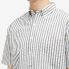 Beams Plus Men's Button Down Popover Short Sleeve Seersucker Shirt in Blue Stripe