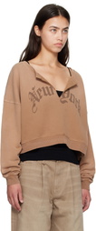 R13 Tan 'New York' Cropped Front Slit Sweatshirt