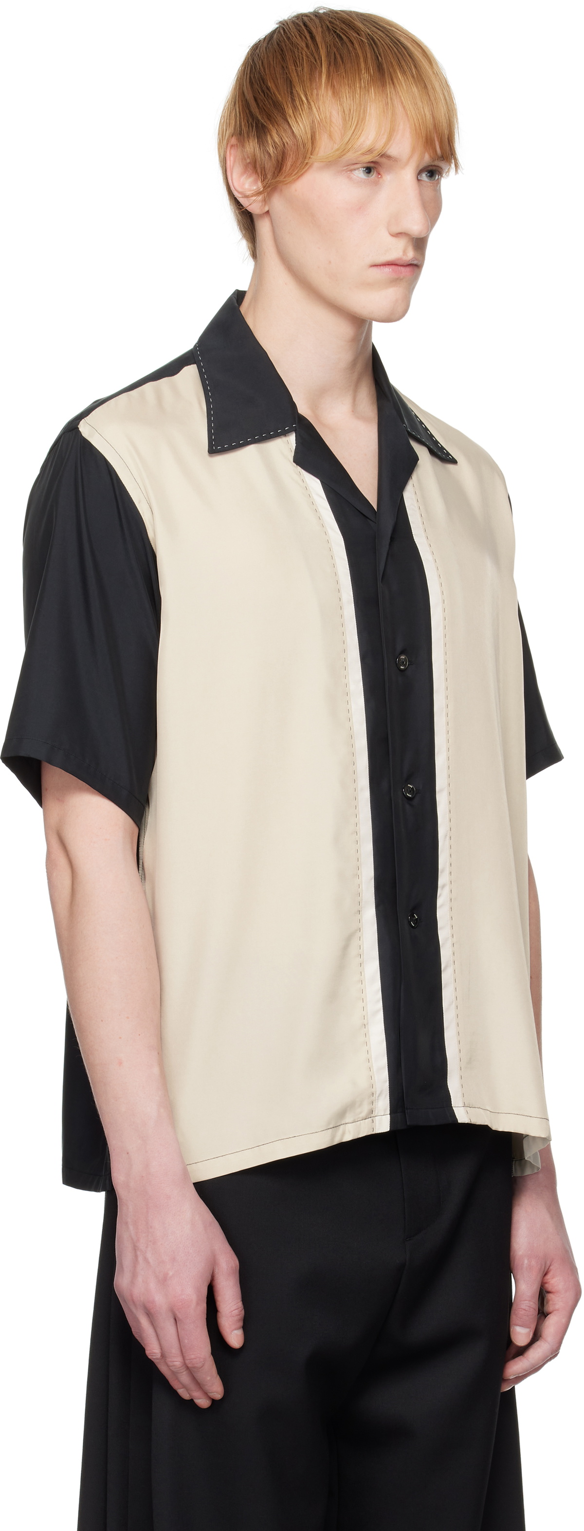 YOKE Black & Beige Colorblock Open Collar Shirt