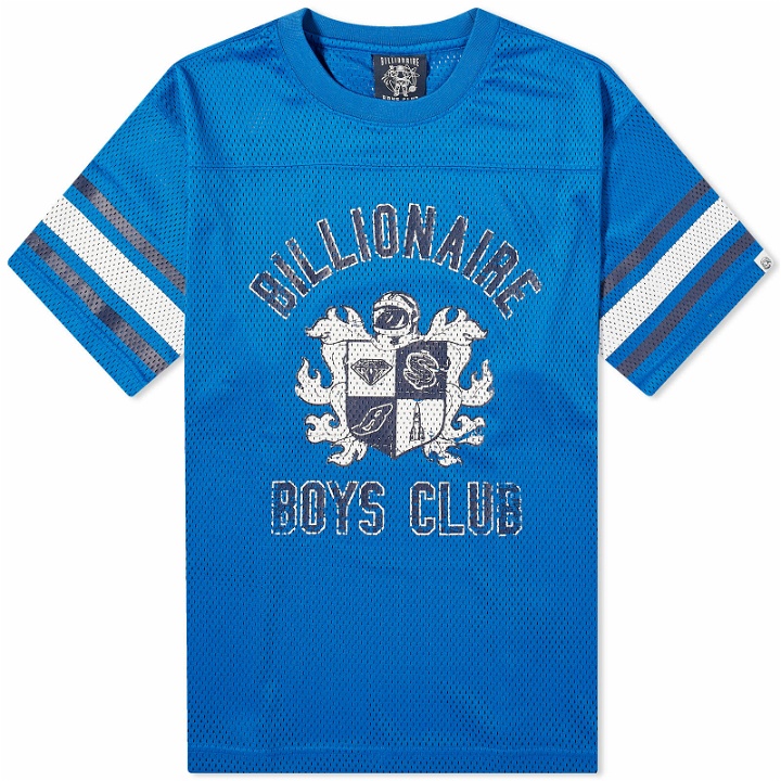 Photo: Billionaire Boys Club Men's Crest Logo Mesh Football T-Shirt in Blue