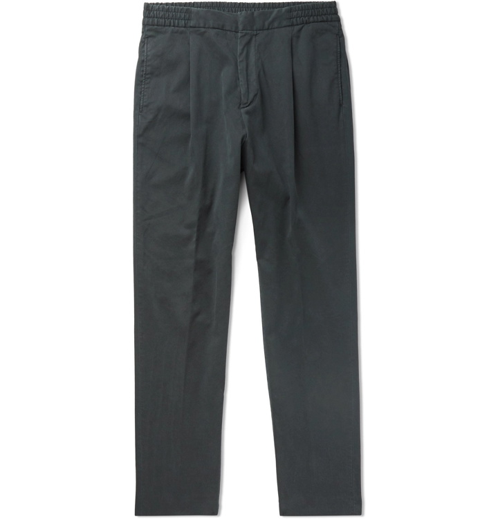 Photo: Officine Generale - Drew Tapered Pleated Garment-Dyed Lyocell and Cotton-Blend Drawstring Trousers - Gray