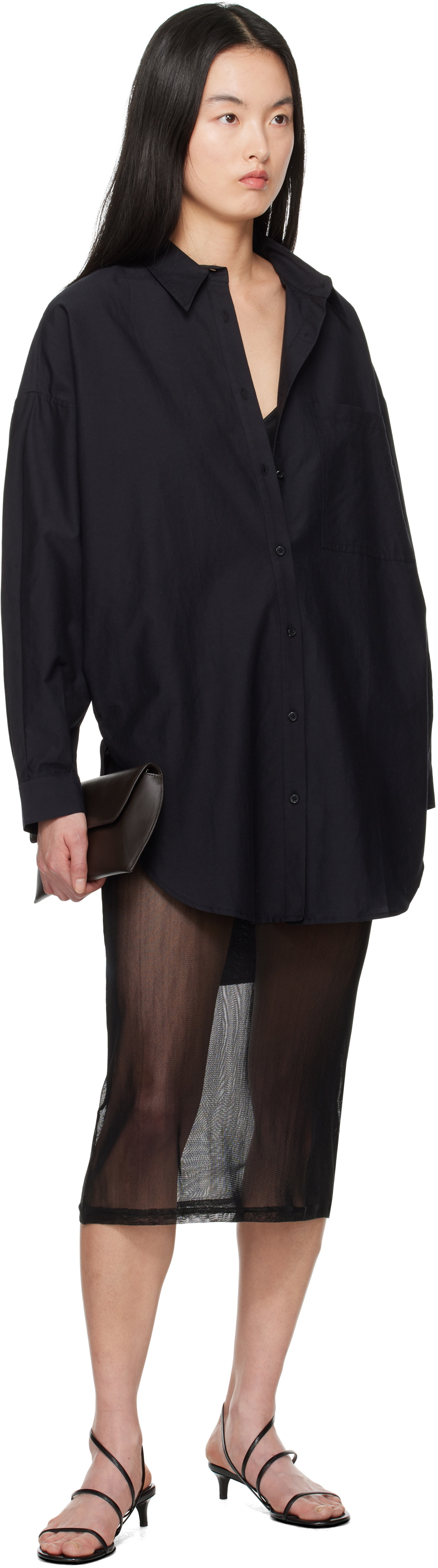 Silk Laundry Black Cotton Silk Round Shirt