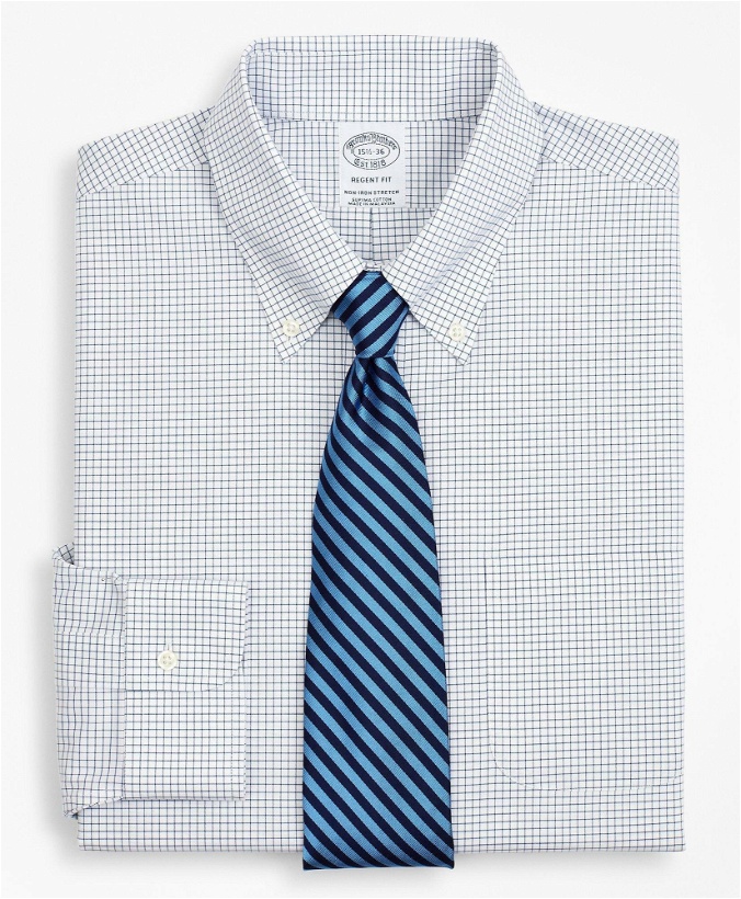 Photo: Brooks Brothers Men's Stretch Regent Regular-Fit Dress Shirt, Non-Iron Poplin Button-Down Collar Small Grid Check | Navy