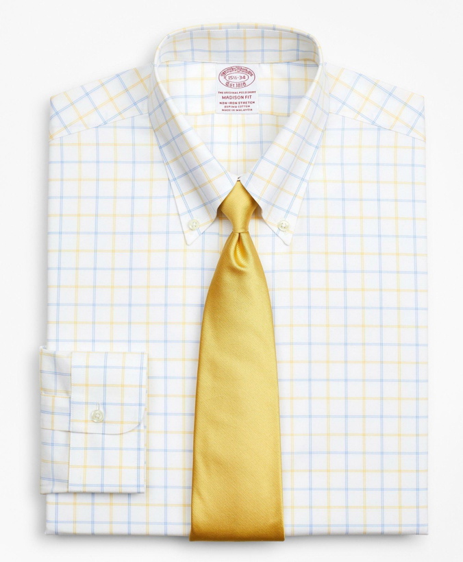 Photo: Brooks Brothers Men's Stretch Madison Relaxed-Fit Dress Shirt, Non-Iron Poplin Button-Down Collar Double-Grid Check | Yellow