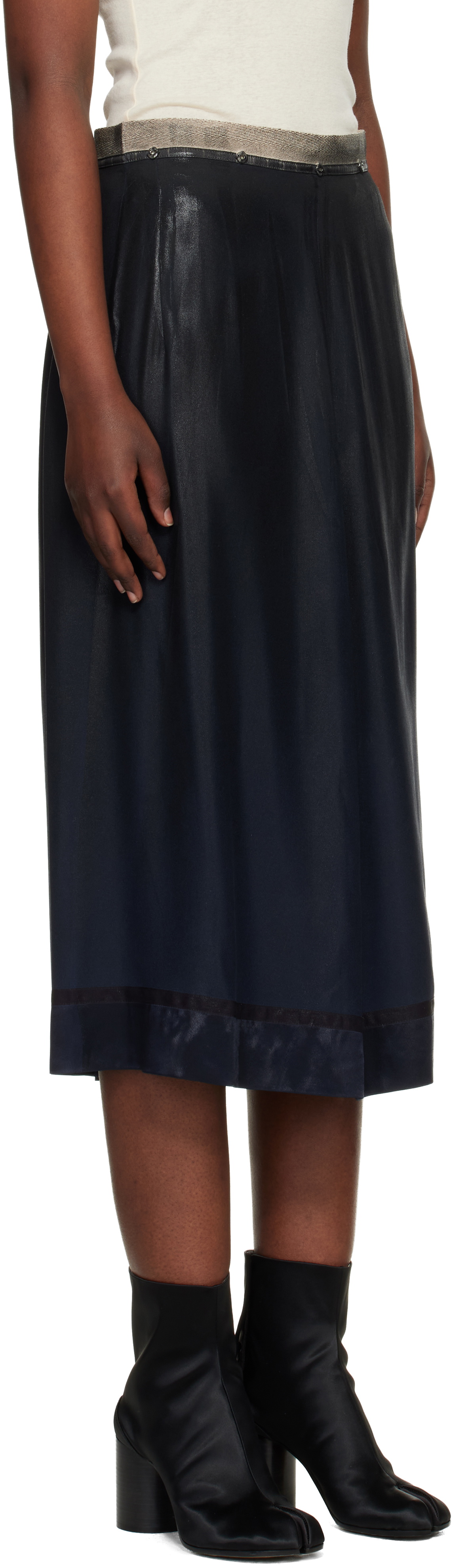Maison Margiela Navy Foil-Treated Midi Skirt